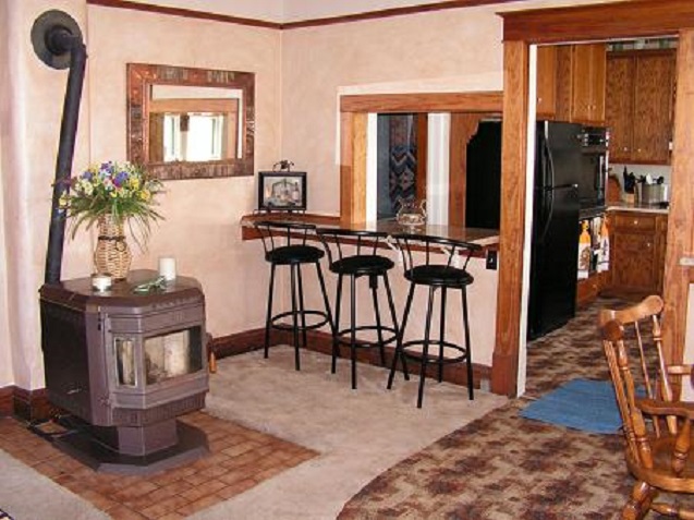 Kitchen bar and pellet stove.